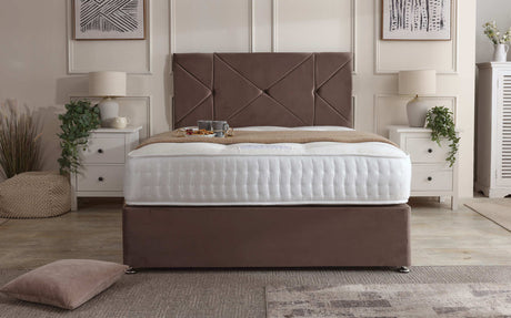 Venice divan bed set with button-tufted headboard in a modern bedroom, featuring a plush mattress and coordinated bedding.