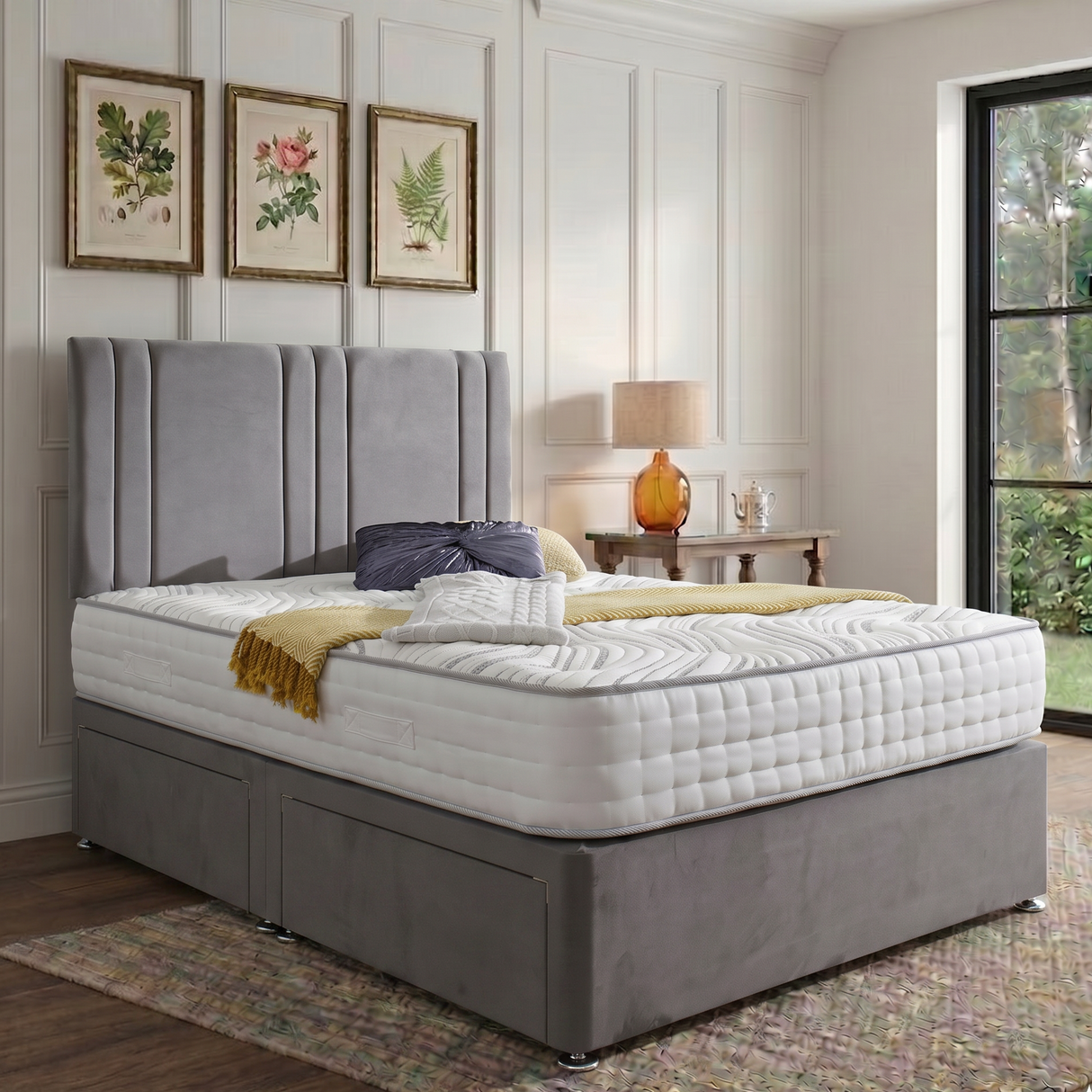 Vienna divan bed set with matching headboard from Mattress Supermarket, featuring a sleek, upholstered design for a modern bedroom.