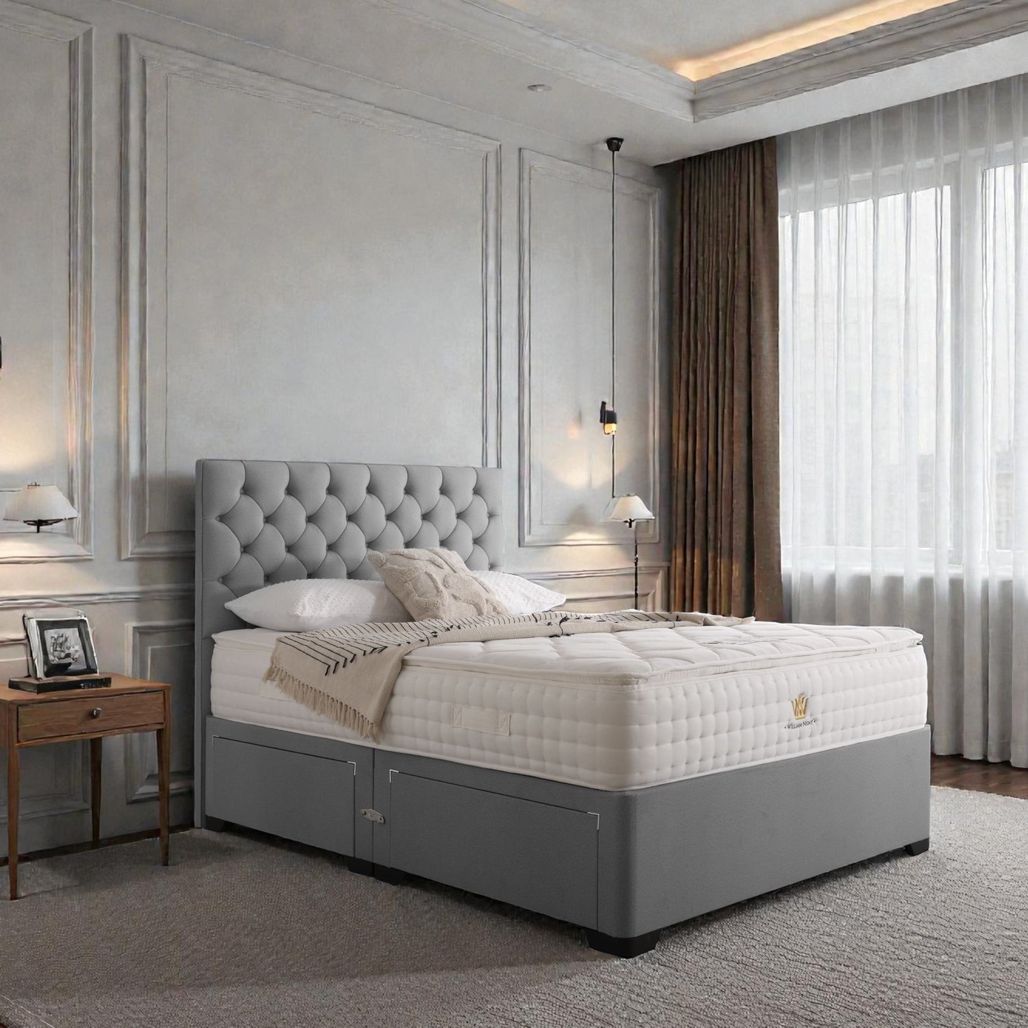 Madrid divan bed set with button-tufted headboard, featuring a fabric-covered base and plush cushioning for a modern bedroom look