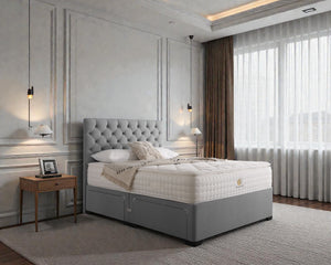 Madrid divan bed set with button-tufted headboard, featuring a fabric-covered base and plush cushioning for a modern bedroom look