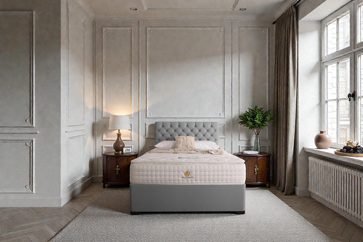 Madrid divan bed set with button headboard, featuring a modern design and plush upholstery, from Mattress Supermarket.