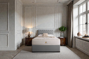 Madrid divan bed set with button headboard, featuring a modern design and plush upholstery, from Mattress Supermarket.