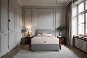 Madrid divan bed set with button-tufted headboard, modern design, with mattress and matching fabric base.
