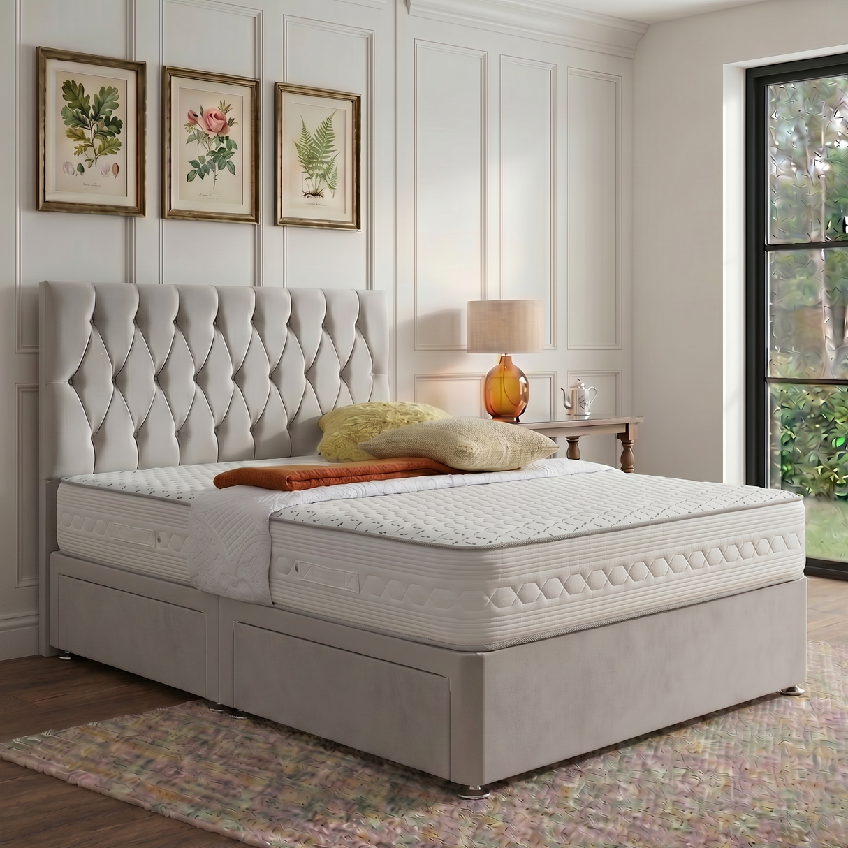 Zurich divan bed set with button-tufted headboard and matching base, upholstered in neutral fabric, from Mattress Supermarket.