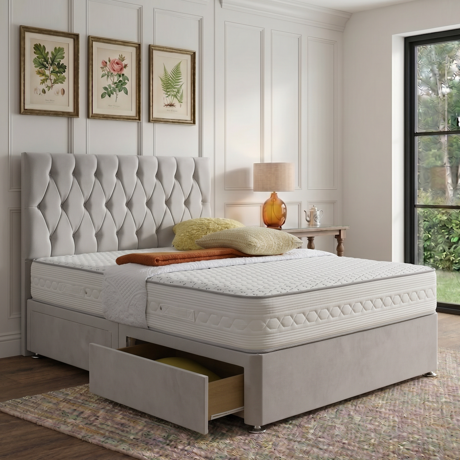 Zurich divan bed set with button-tufted headboard, featuring a sleek upholstered design and sturdy wooden frame.