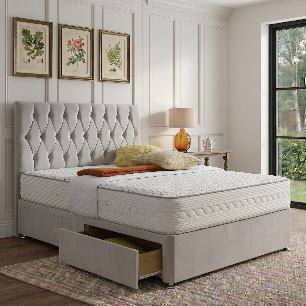 Zurich divan bed set with button-tufted headboard, featuring a sleek upholstered design and sturdy wooden frame.