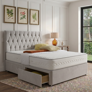 Zurich divan bed set with button-tufted headboard, featuring a sleek upholstered design and sturdy wooden frame.