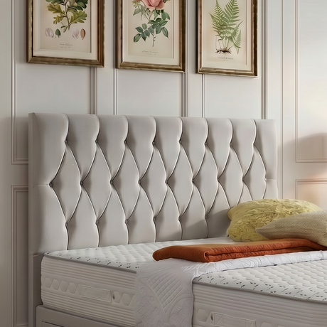 Zurich divan bed set with button-tufted headboard, featuring a sleek upholstered design and sturdy wooden legs.